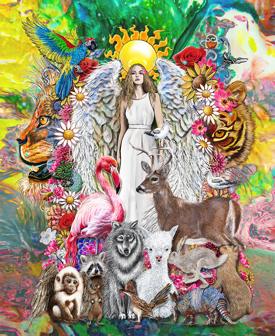 A vibrant, multicolored digital illustration featuring a central angelic figure with white wings and a golden halo, surrounded by various animals including a deer, flamingo, wolf, parrot, lion, tiger, and monkey, set against a psychedelic, colorful background. Ariel Archangel by Doug LaRue