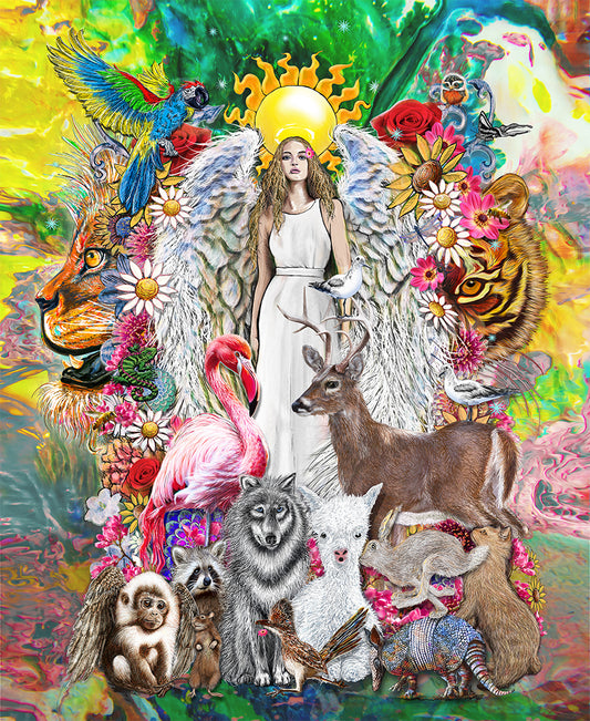 A vibrant, multicolored digital illustration featuring a central angelic figure with white wings and a golden halo, surrounded by various animals including a deer, flamingo, wolf, parrot, lion, tiger, and monkey, set against a psychedelic, colorful background. Ariel Archangel by Doug LaRue