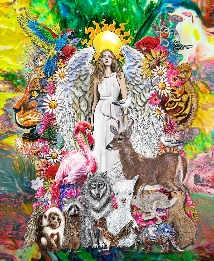 Collage of a woman with angel wings surrounded by animals and nature elements on a colorful background. Ariel Archangel by Doug LaRue
