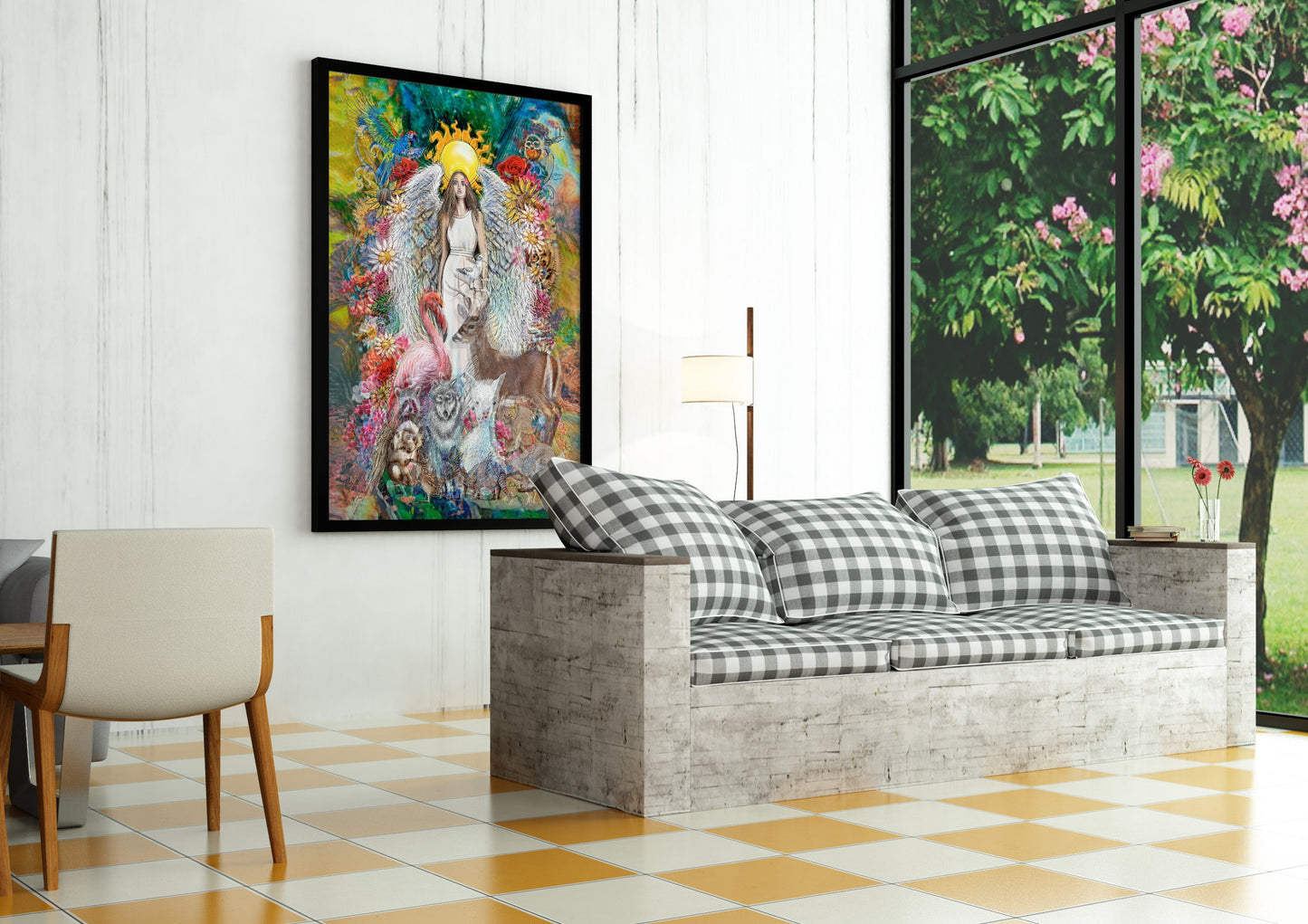 Living room with a colorful painting of a woman with animals on the wall, a checkered bench, and a window view. Ariel Archangel by Doug LaRue