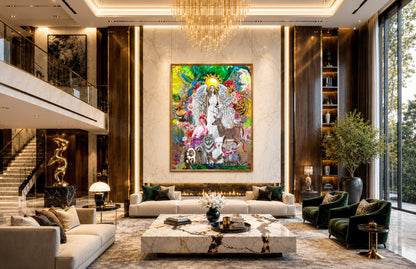 Luxurious living room with a colorful abstract painting on the wall, modern furniture, and decorative elements. Ariel Archangel by Doug LaRue