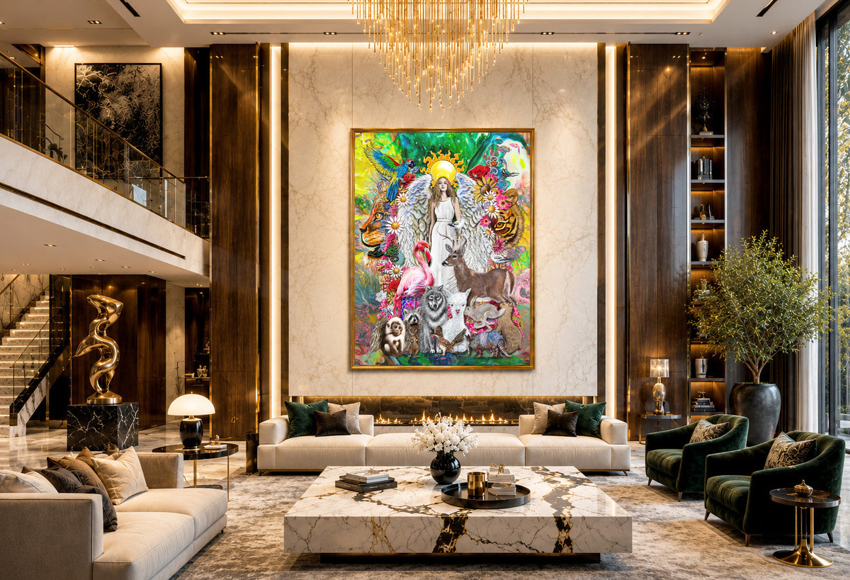 A large, colorful framed art print depicting a fantasy scene with a central angel-like figure and various animals, displayed on a light marble wall in a luxurious, high-ceilinged modern living room with beige sofas, a marble coffee table, and dark wood accents. Ariel Archangel by Doug LaRue