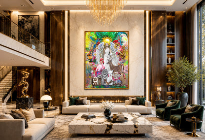 A large, colorful framed art print depicting a fantasy scene with a central angel-like figure and various animals, displayed on a light marble wall in a luxurious, high-ceilinged modern living room with beige sofas, a marble coffee table, and dark wood accents. Ariel Archangel by Doug LaRue