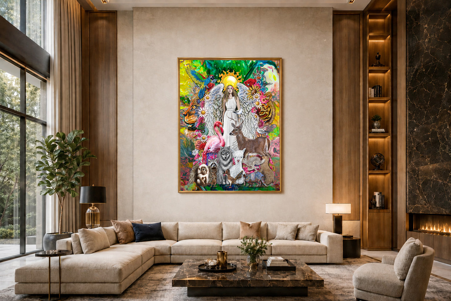 Modern living room with a colorful painting on the wall. Ariel Archangel by Doug LaRue