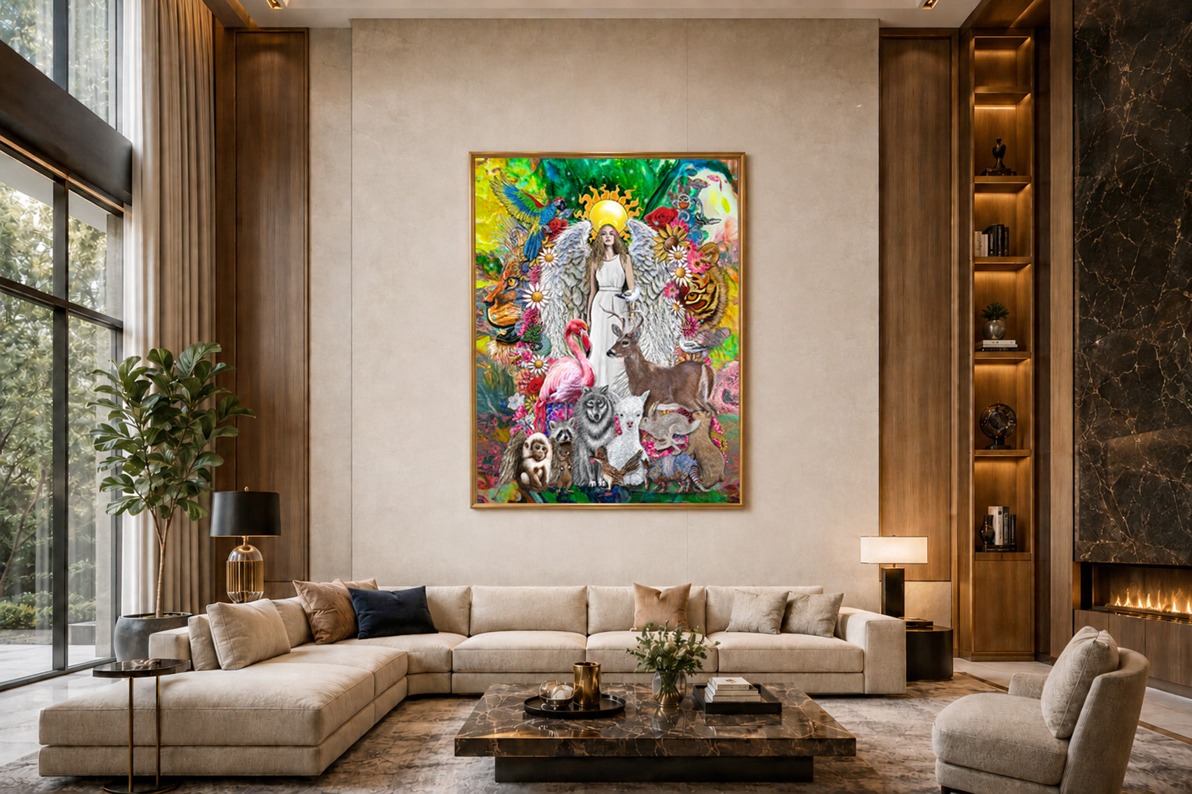 Modern living room with a colorful painting on the wall. Ariel Archangel by Doug LaRue