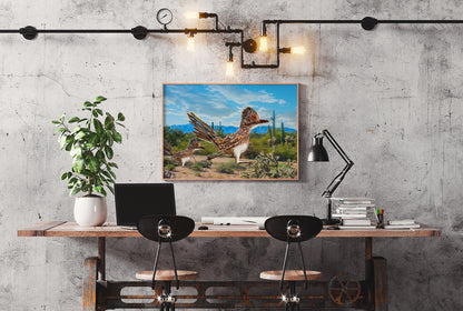 Arizona Roadrunner by Doug LaRue in a thin wood frame on a wall over the desk