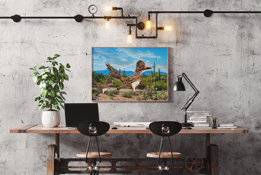 Arizona Roadrunner by Doug LaRue in a thin wood frame on a wall over the desk