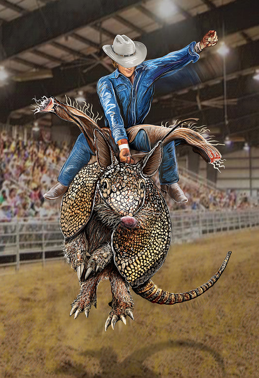 Person riding a giant armadillo in an arena with spectators. Broncodillo by Doug LaRue
