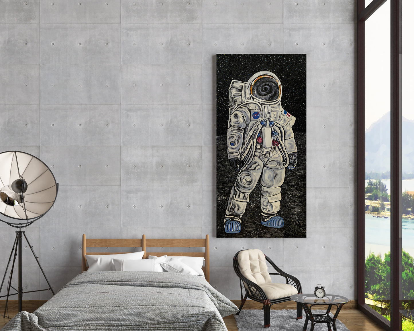 Astronaut standing on the moon observing a black hole large canvas on a concrete wall in an upscale bedroom