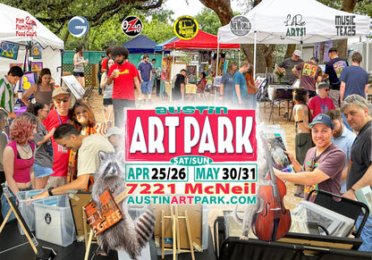 Promotional poster for Austin Art Park with people and art booths in the background