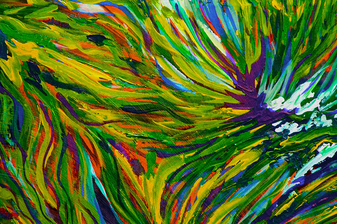 Abstract painting with vibrant green, blue, and purple colors Autumn Ivy by Doug LaRue