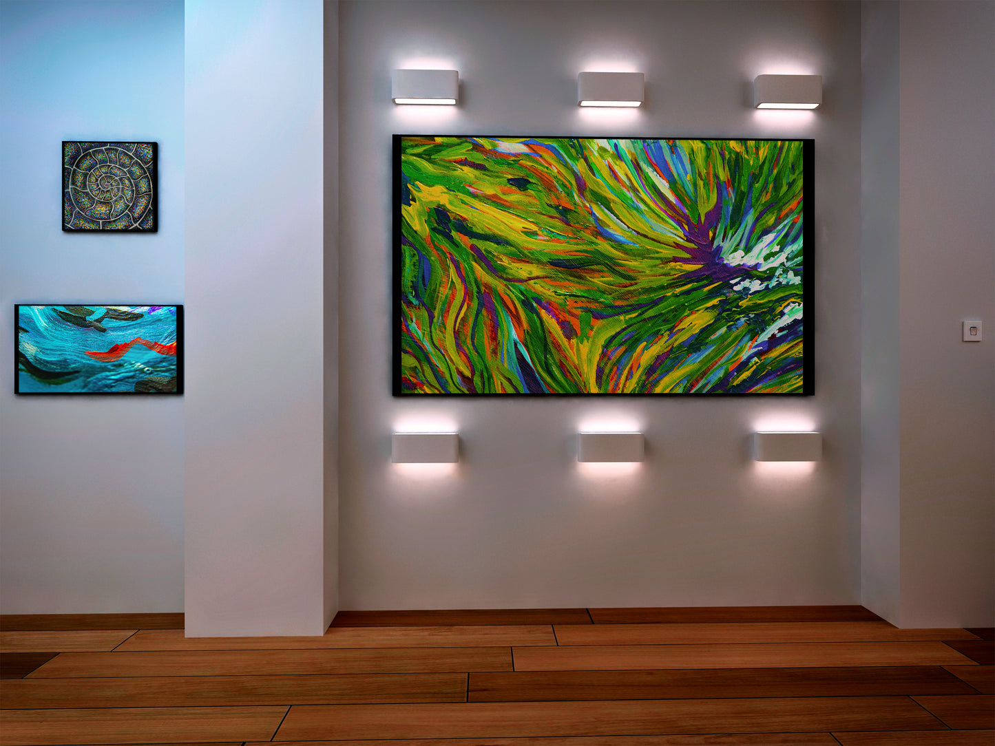 Modern gallery interior with colorful abstract painting on a wall, surrounded by wall lights. Abstract painting with vibrant green, blue, and purple colors Autumn Ivy by Doug LaRue