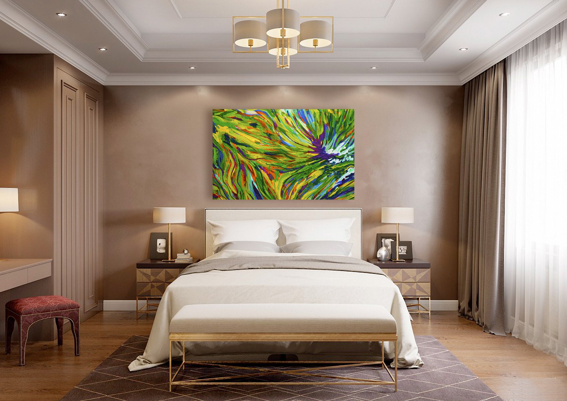 Modern bedroom with a colorful abstract painting on the wall Abstract painting with vibrant green, blue, and purple colors Autumn Ivy by Doug LaRue