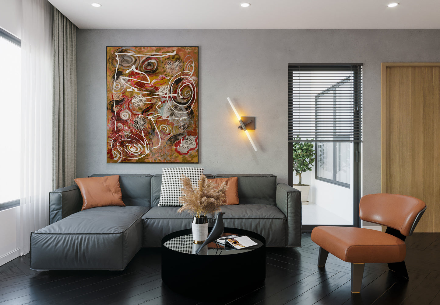 Modern living room with gray sectional sofa, brown ottoman, and abstract painting on wall. Ayurvedic gumbo abstract painting by Doug LaRue 
