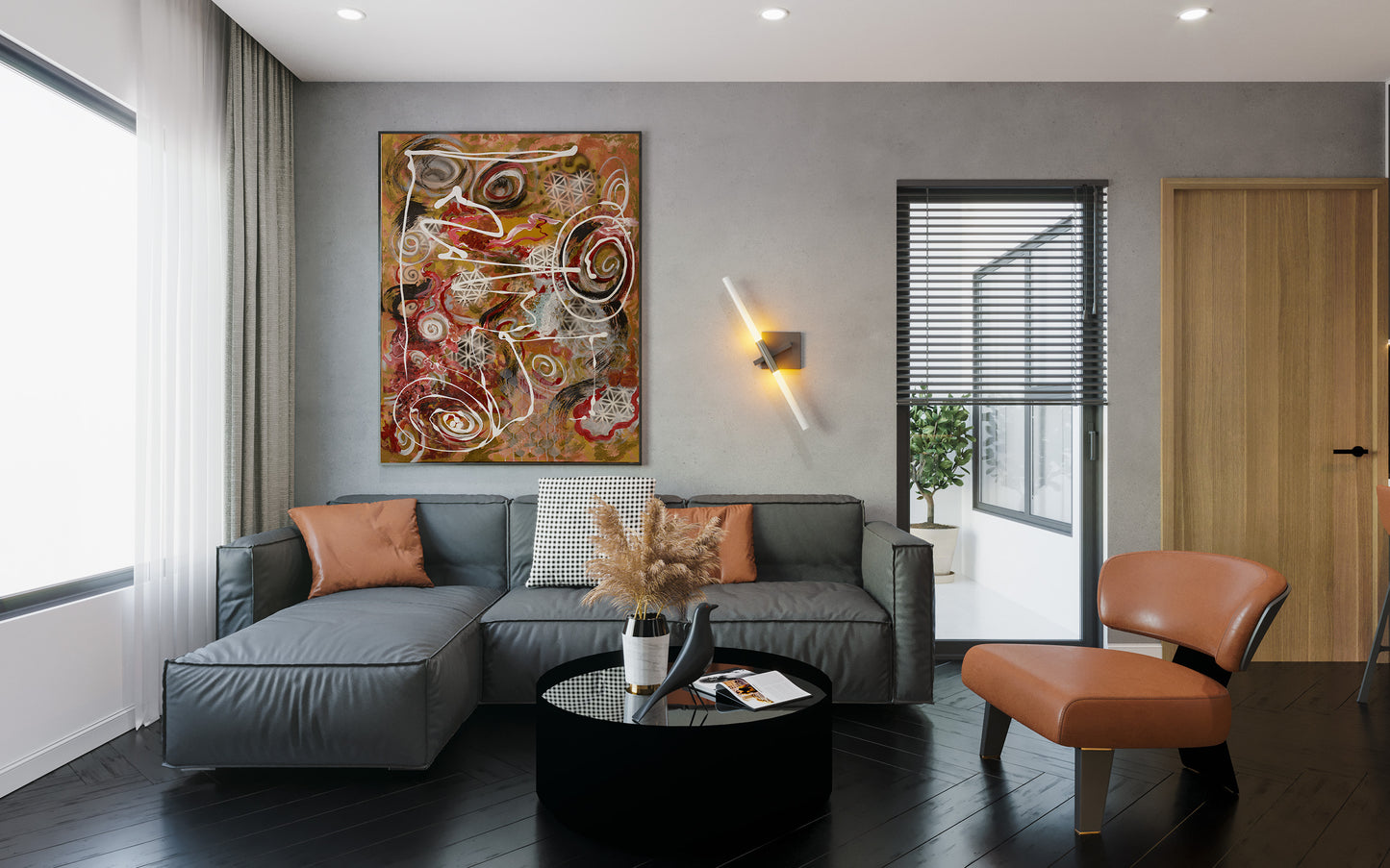 Modern living room with gray sectional sofa, orange ottoman, and abstract painting on wall. Ayurvedic Gumbo painting by Doug LaRue
