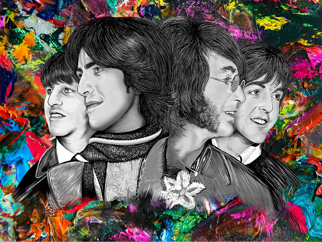 Black and white portraits of Beatles Nawlins mixed media art by Doug LaRue  on a colorful abstract background