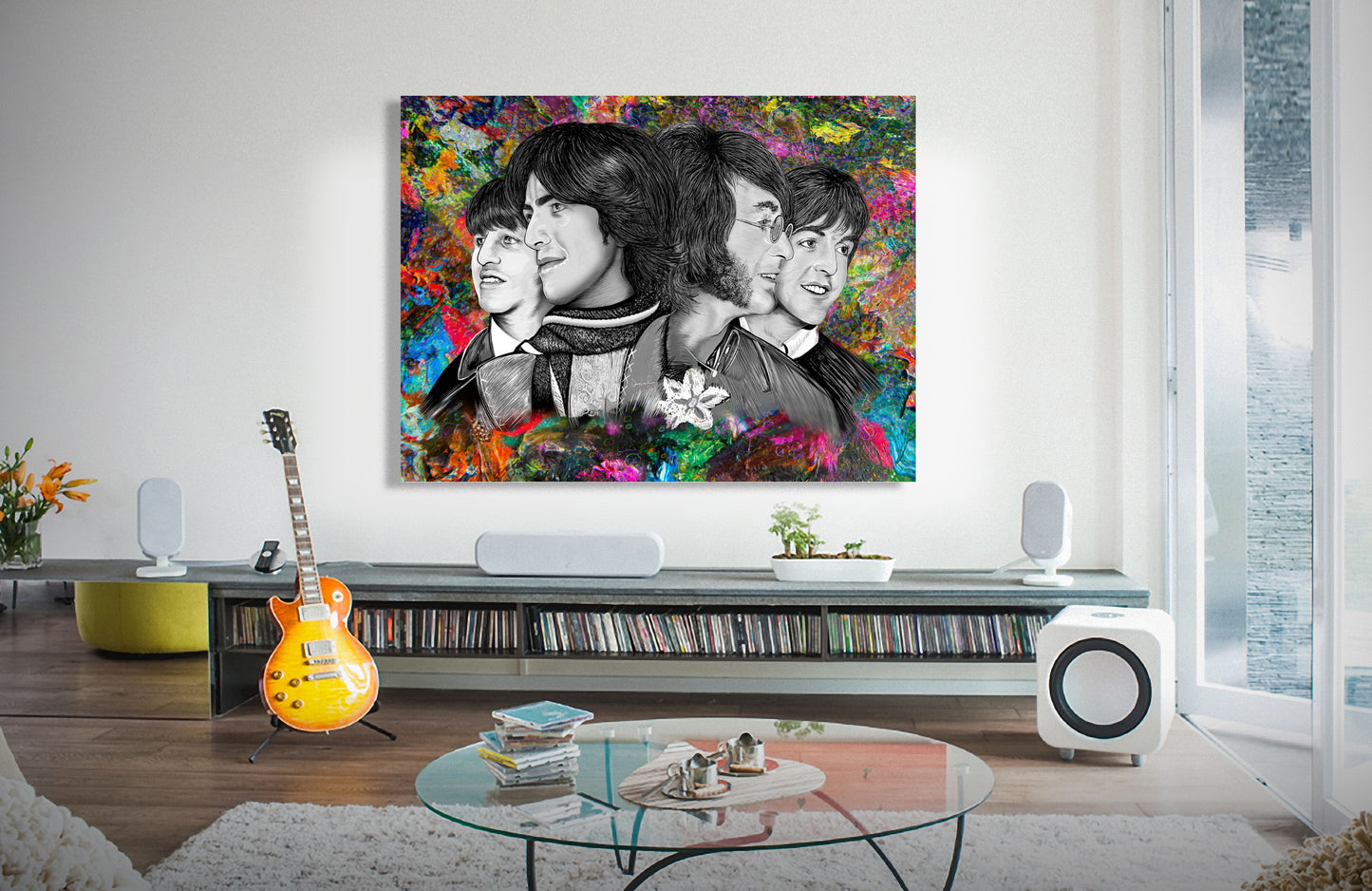 Living room with a colorful painting of  Beatles Nawlins mixed media art by Doug LaRue on the wall, guitar, cd's and books.