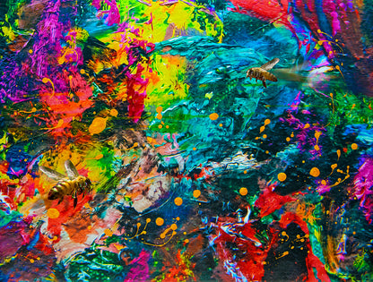Vibrant abstract artwork featuring a textured background of splattered and layered paint in bright turquoise, magenta, yellow, red, green, and orange, with two small bees integrated into the composition. Bee Caves abstract mixed media by Doug LaRue