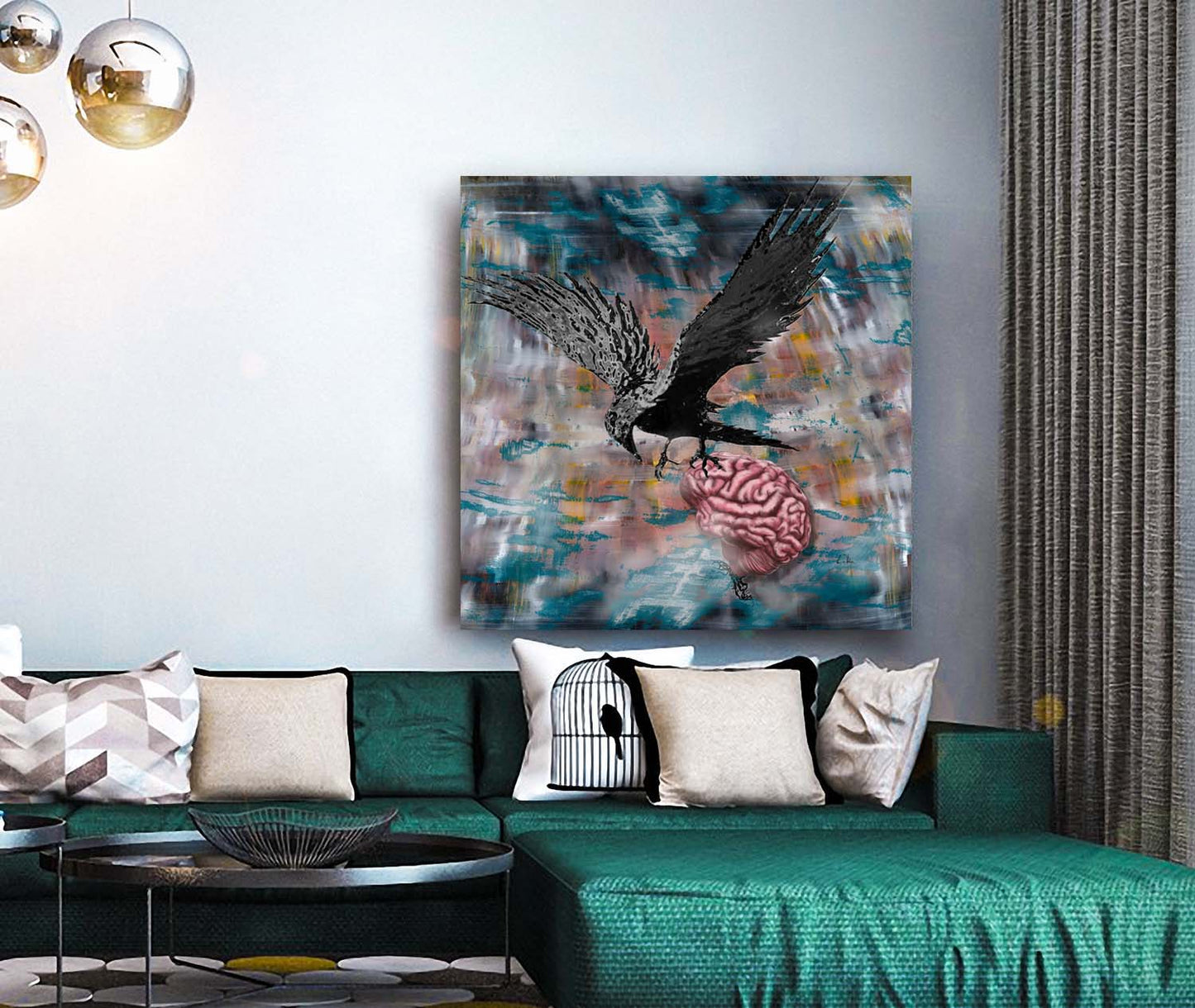 Bird Brain Raven Abstract art by Doug LaRue on a living room wall