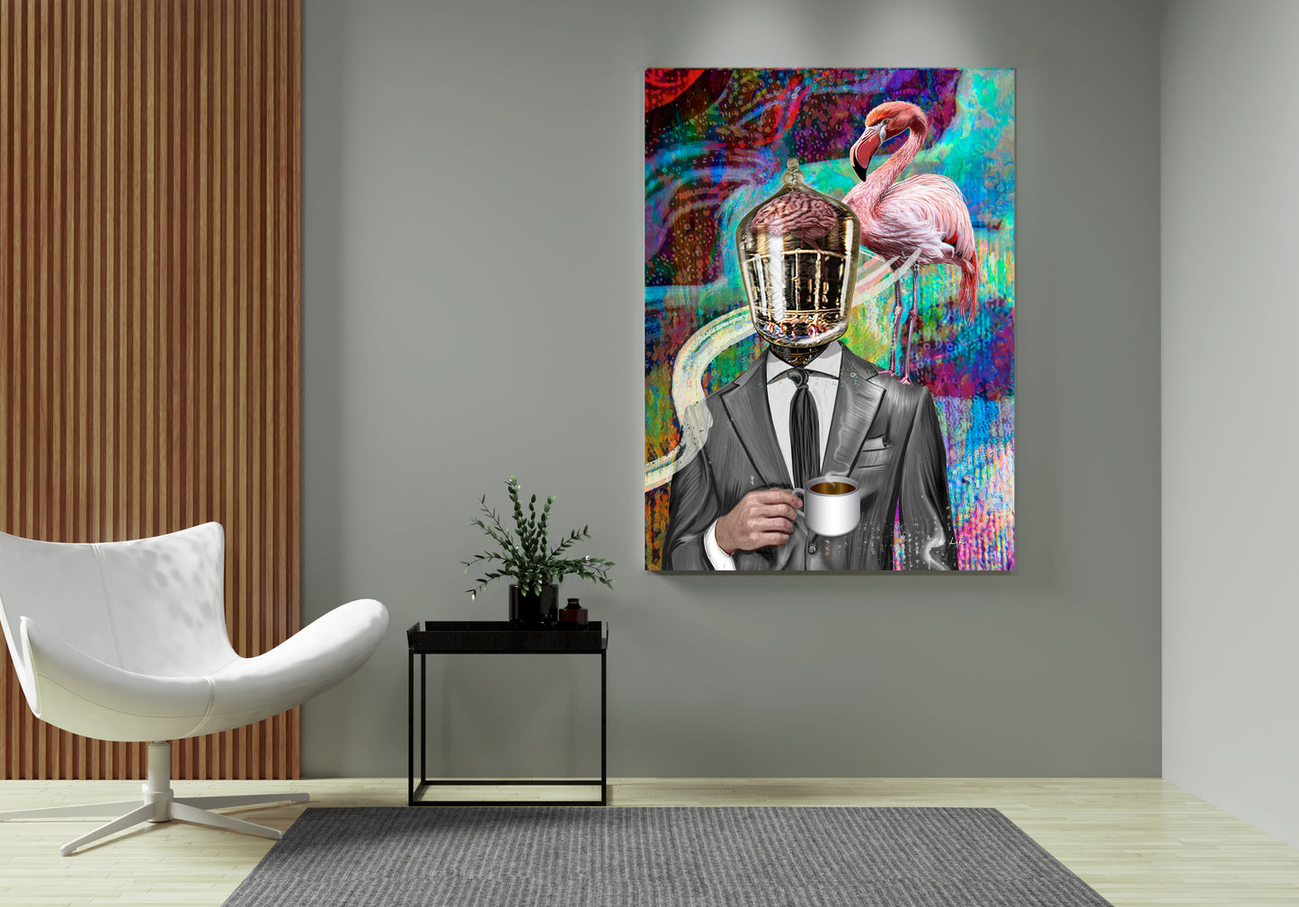 Colorful abstract painting of a man with a flamingo holding a coffee cup in a modern living room. Company Man by Doug LaRue