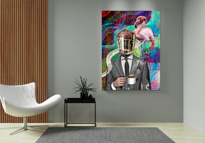 Colorful abstract painting of a man with a flamingo holding a coffee cup in a modern living room. Company Man by Doug LaRue