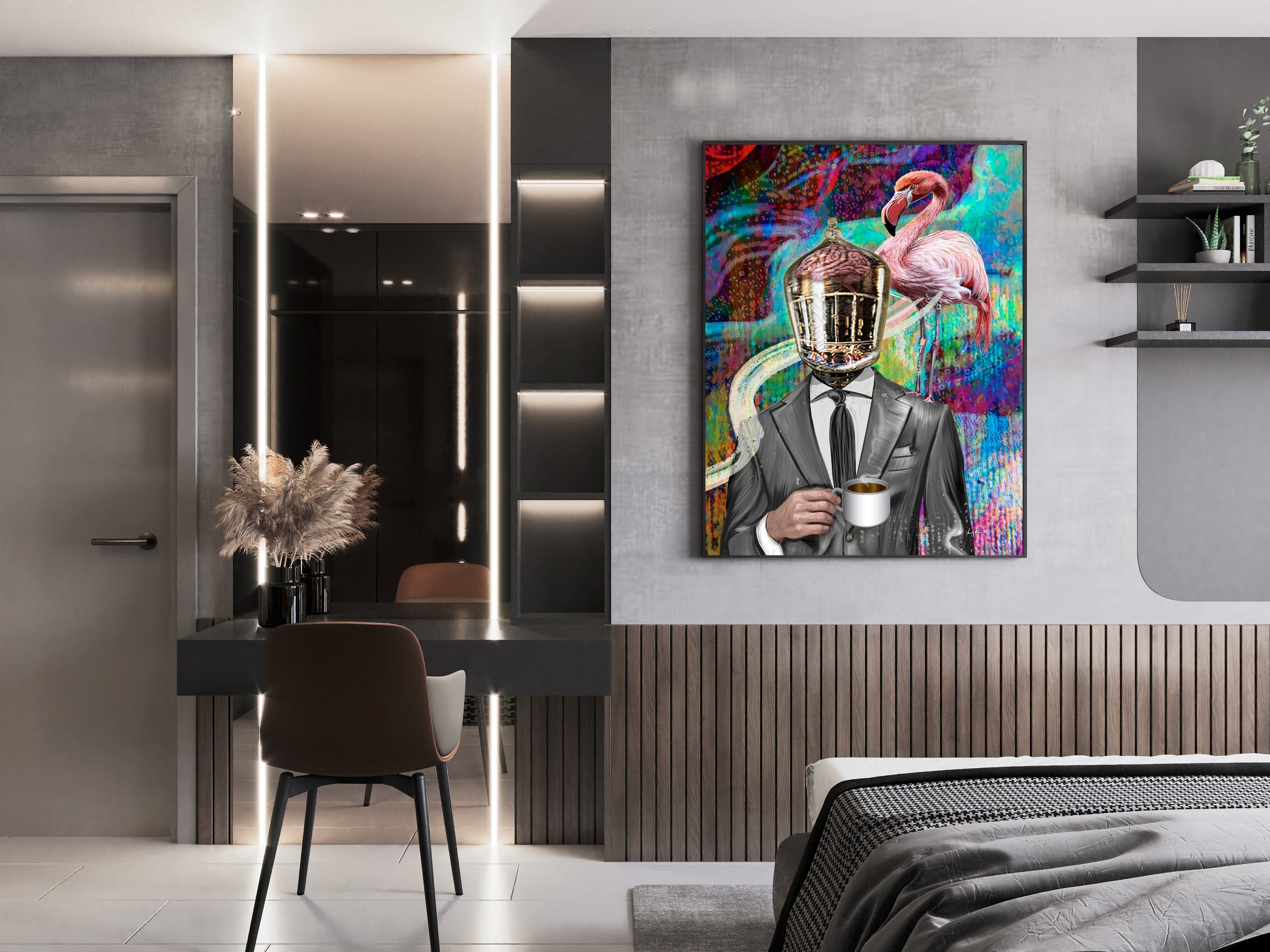 Modern bedroom with a colorful painting of a man in a suit holding a coffee cup. Company Man by Doug LaRue