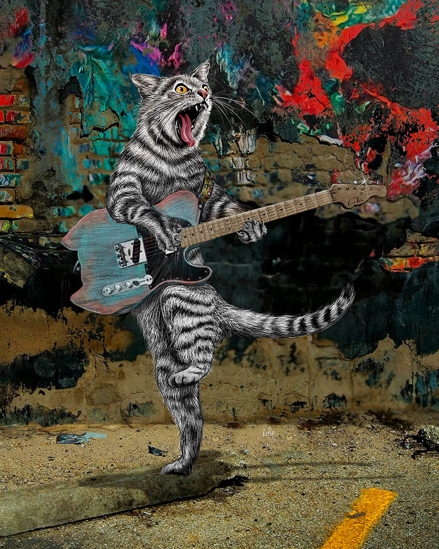 Buskers the Electric Guitar Cat mixed media art by Doug LaRue