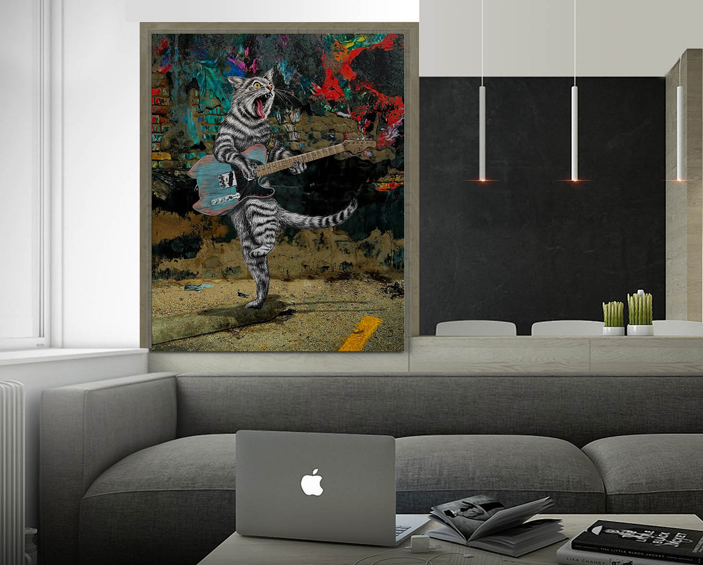 Buskers the Electric Guitar Cat mixed media art by Doug LaRue on a white livingroom wall