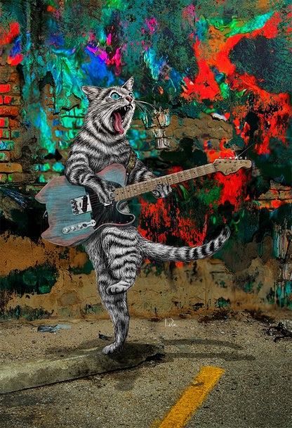 Buskers the Electric Guitar Cat playing in front of a graffiti covered brick wall background