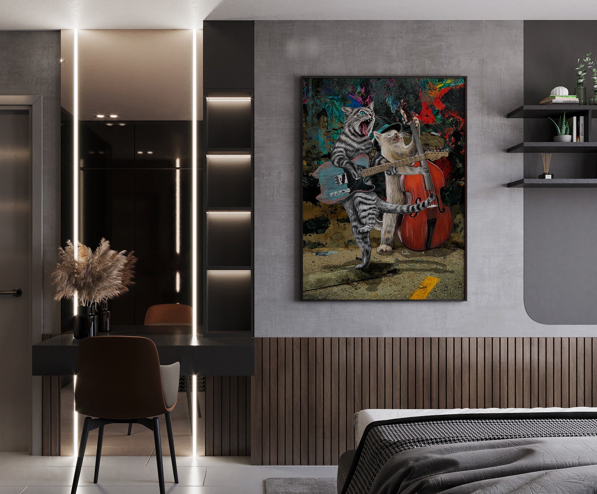 Buskers Guitar Scruffys Bass mixed media art by Doug LaRue in a modern condo living room.