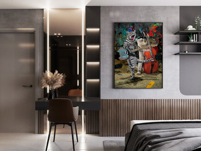 Buskers and Scruffy mixed media art by Doug LaRue on a living room wall over a grey couch