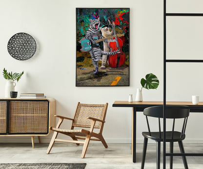 A colorful framed wall art print depicting a zebra and a cat playing a double bass ensemble, displayed in a modern dining room setting.