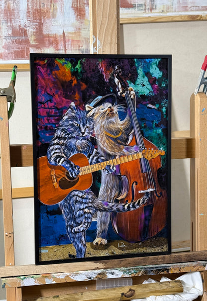 Buskers and Scruffy mixed media art by Doug LaRue 13x19x1 black metal frame white mat