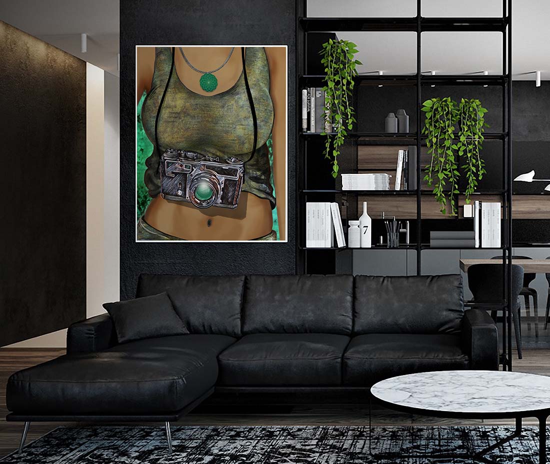 Camera Tank mixed media art by Doug LaRue on a dark living room wall