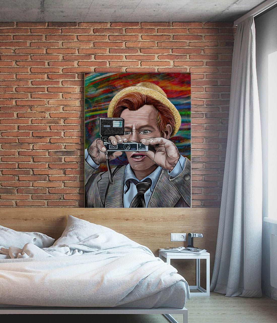 Kolchak the Night Stalker mixed media art by Doug LaRue on a brick wall over a bed