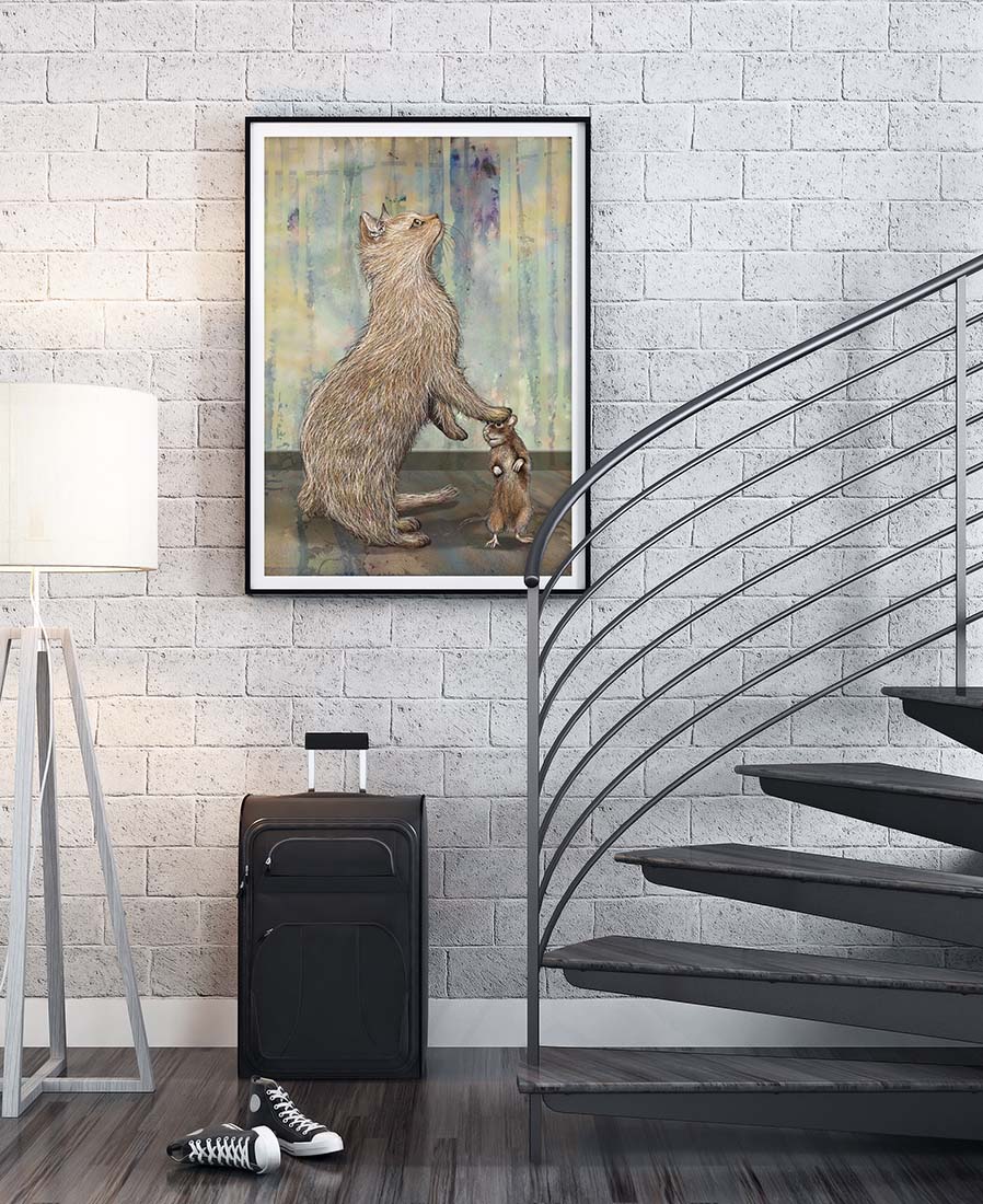 Cat and Mouse mixed media art by Doug LaRue black frame white mat on a white brick wall