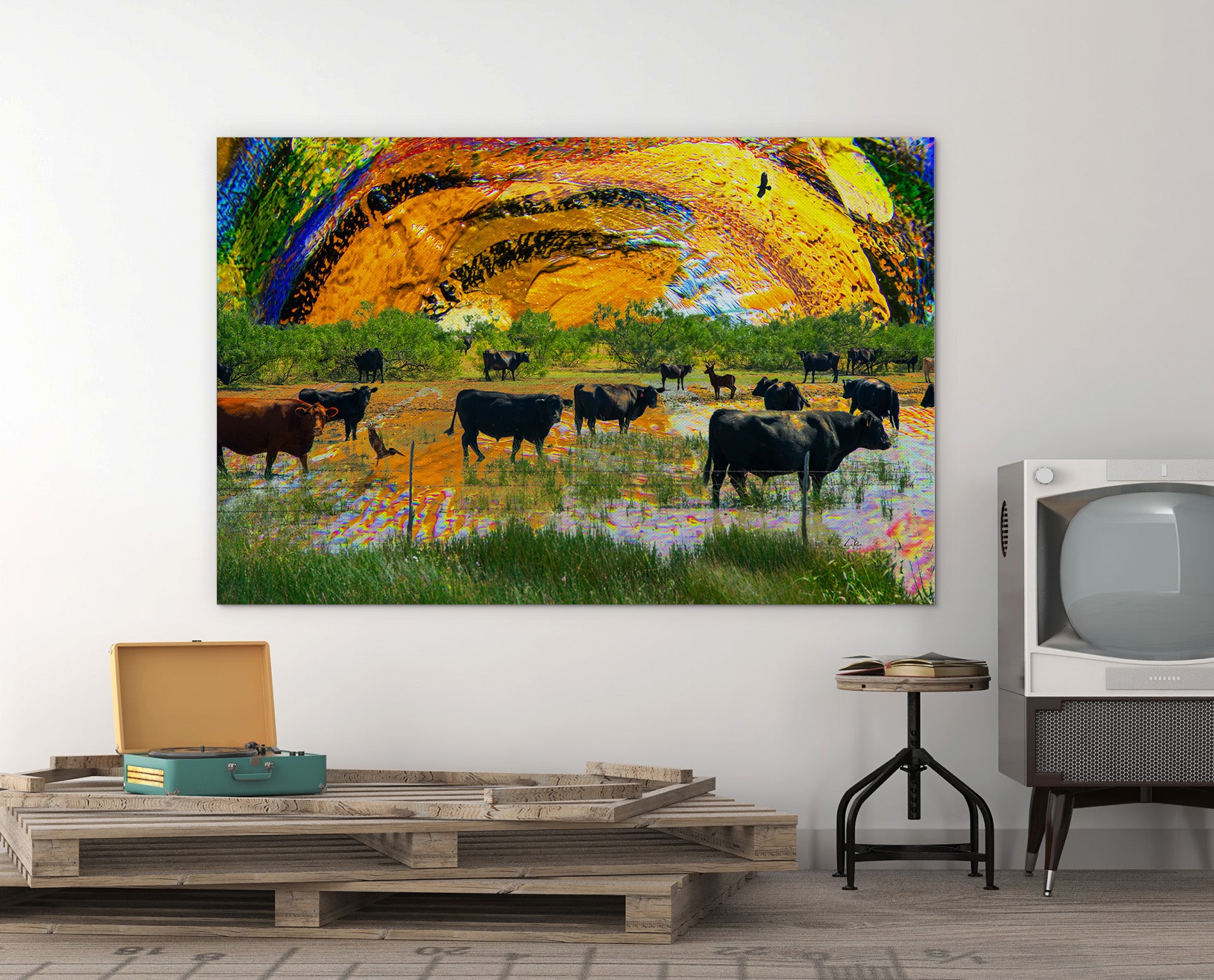 Northwest Canyon Flood Waters mixed media art by Doug LaRue near an old TV