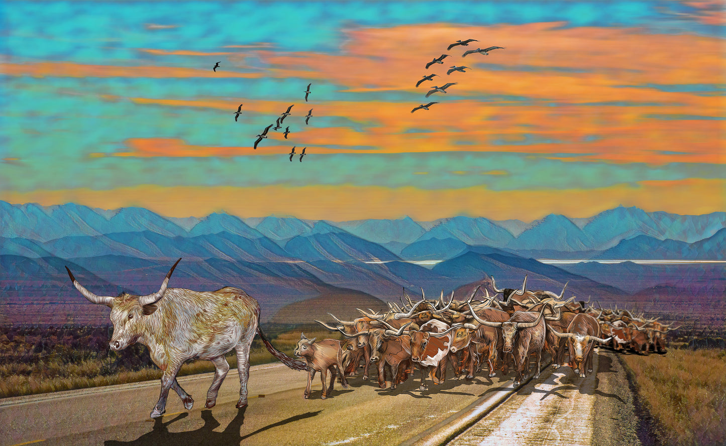 Sunset Longhorn Cattle Drive by Doug LaRue