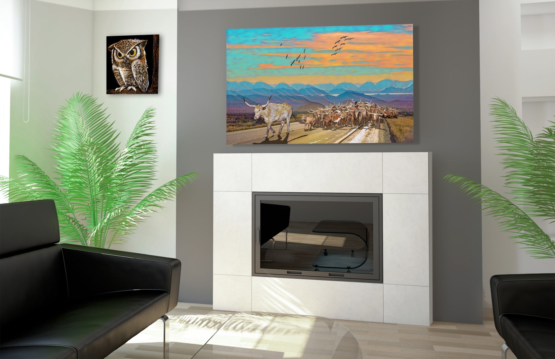 Sunset Longhorn Cattle Drive by Doug LaRue over a marble fireplace
