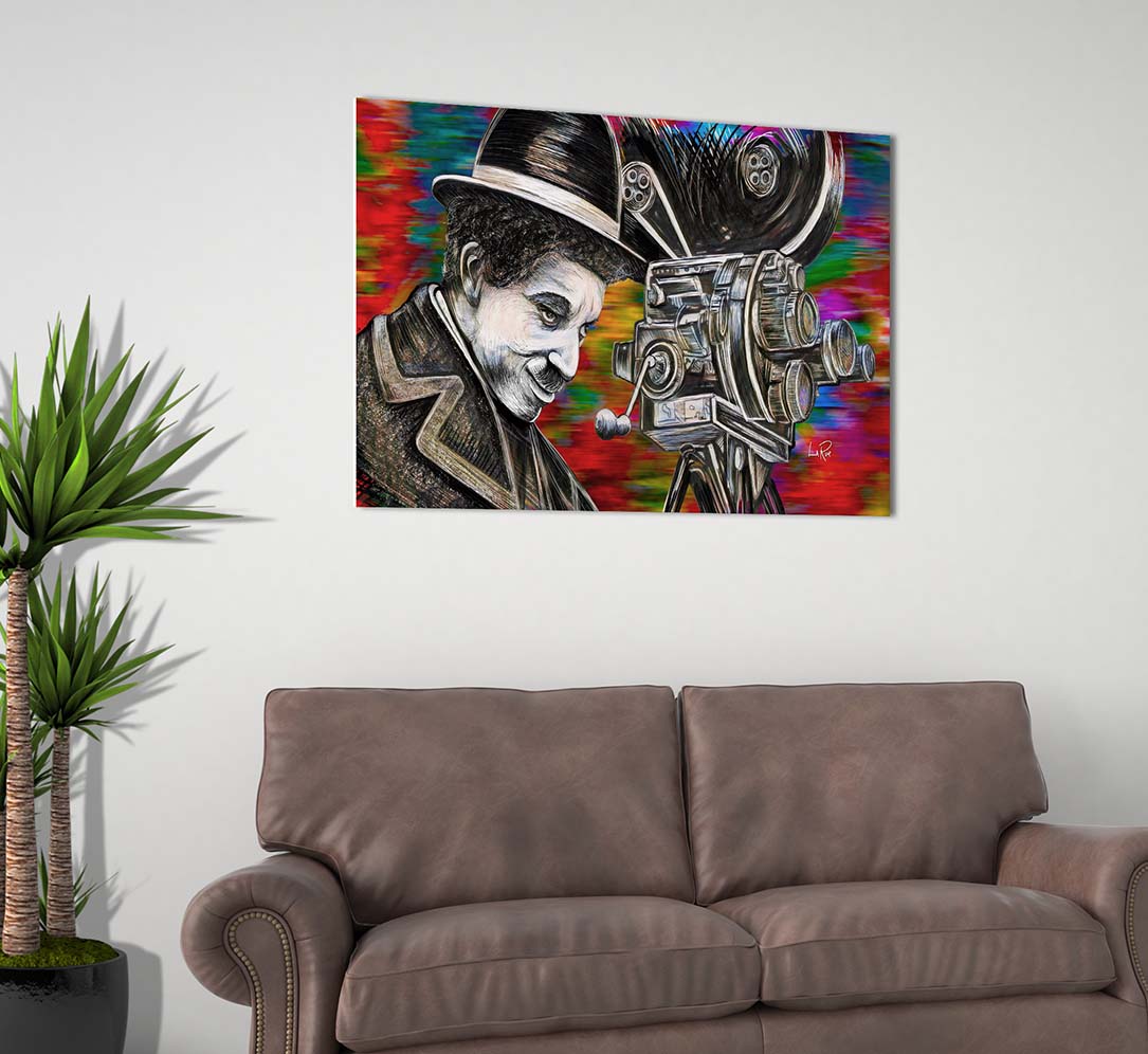 Charlie Chaplin art by Doug LaRue over a brown couch