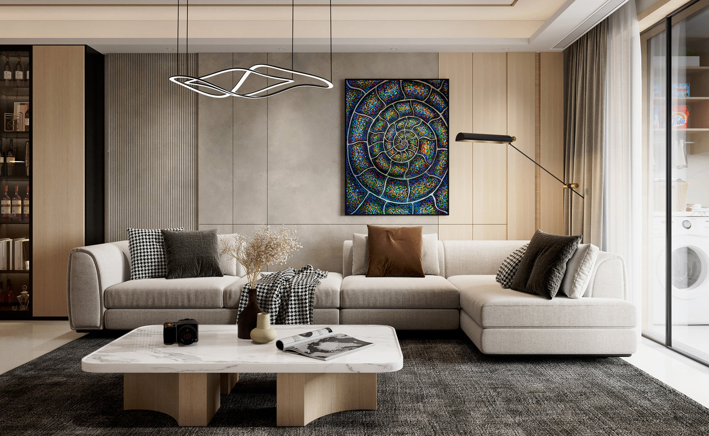 Modern living room with a sectional sofa, coffee table, and decorative wall art. Chromatic Nautilus Ammonite abstract painting by Doug LaRue