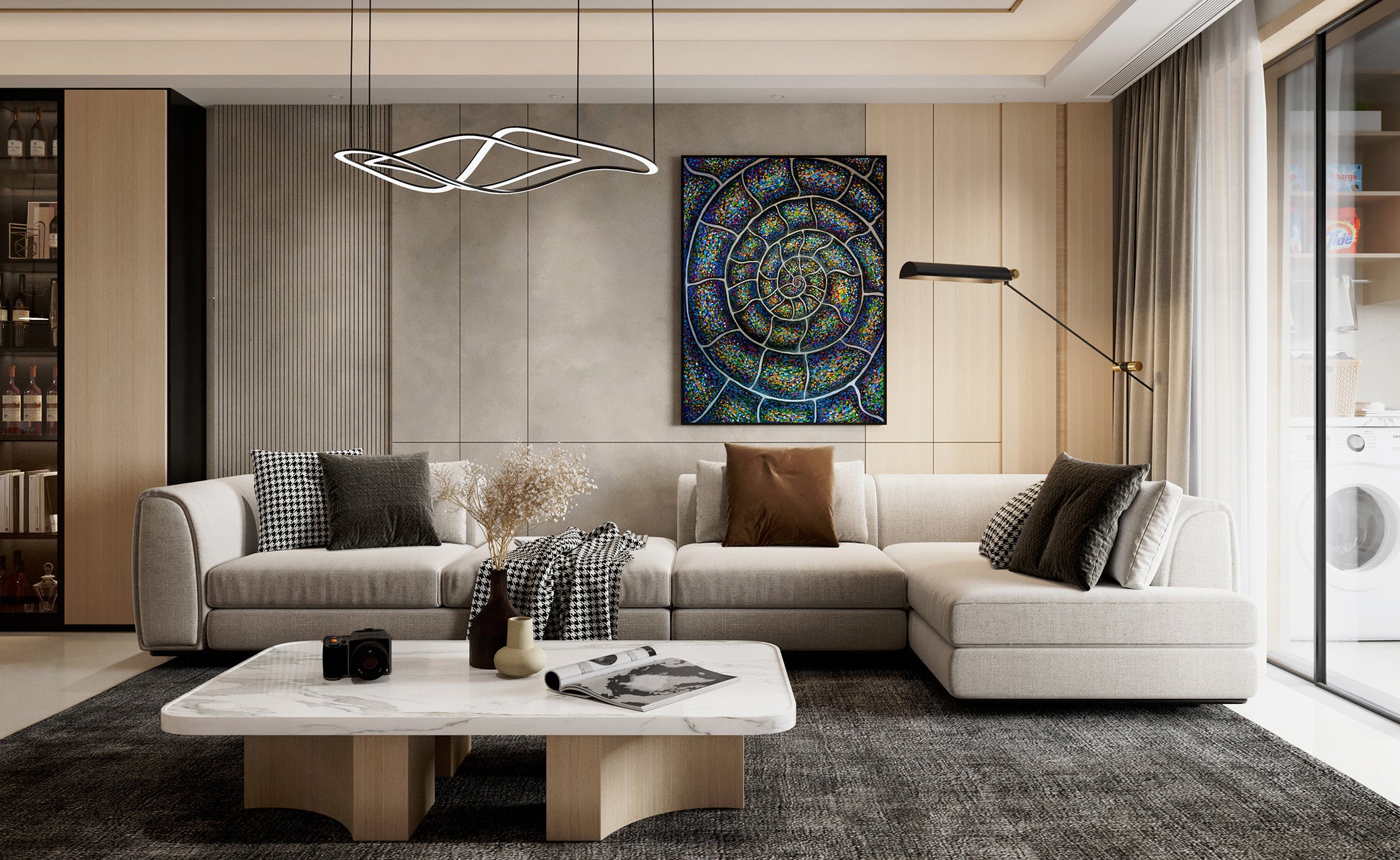 Modern living room with a sectional sofa, coffee table, and decorative wall art. Chromatic Nautilus Ammonite abstract painting by Doug LaRue