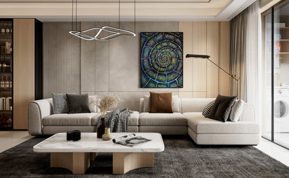 Modern living room with a sectional sofa, coffee table, and decorative wall art. Chromatic Nautilus Ammonite abstract painting by Doug LaRue