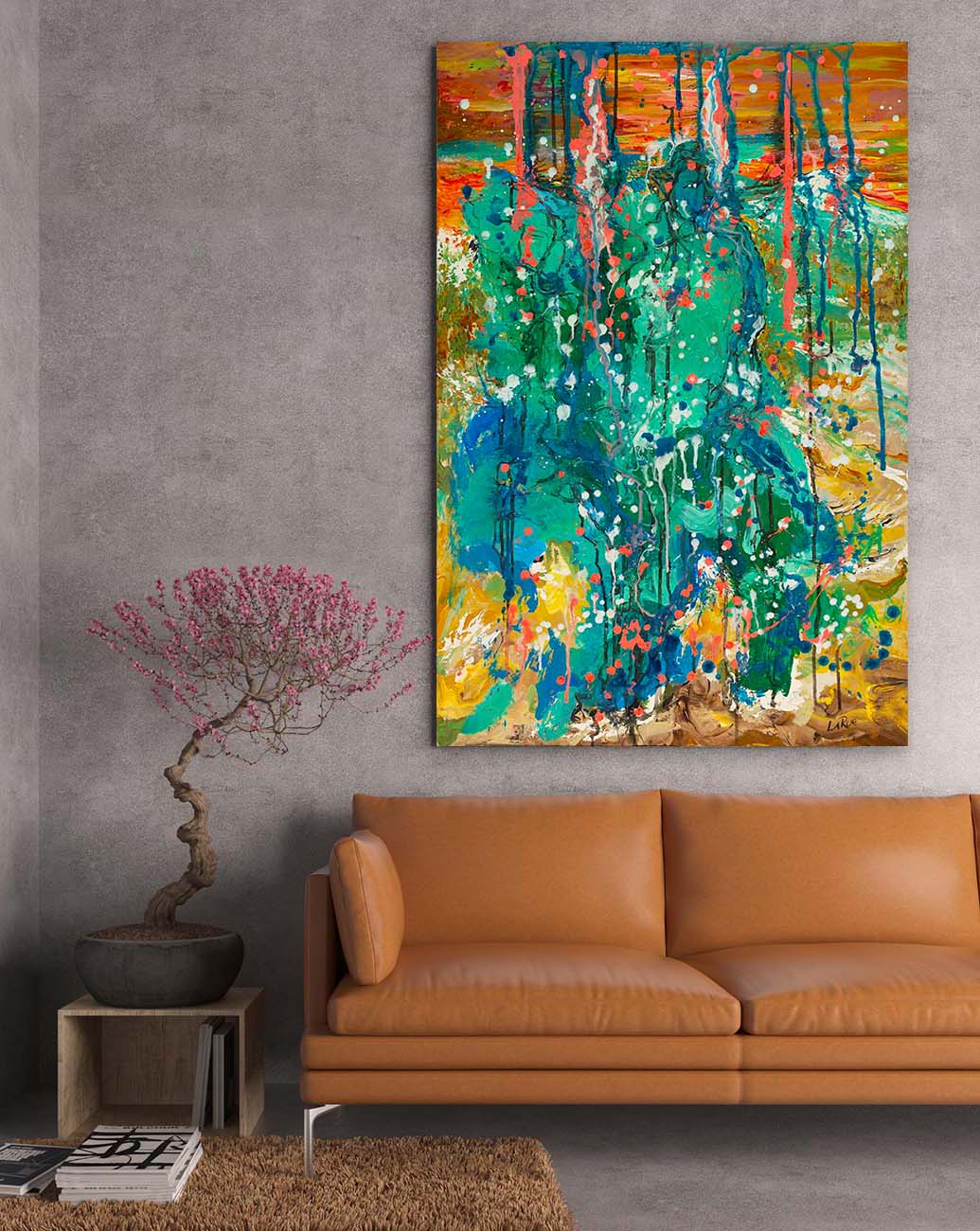 Eastwood Gulch abstract art by Doug LaRue. Large canvas over a brown couch near a banzai like plant with pink buds