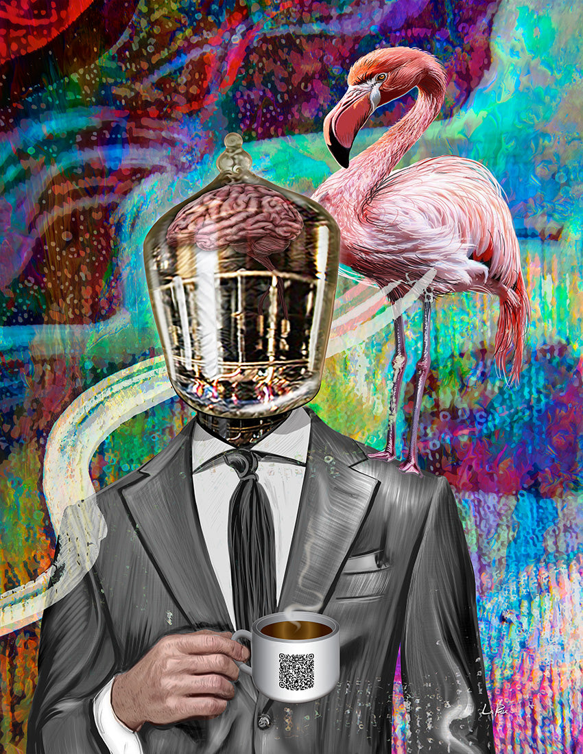 Person in a suit with a reflective helmet holding a coffee cup, against a colorful abstract background with a flamingo. Company Man by Doug LaRue