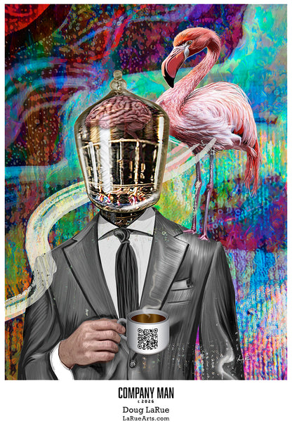 Artistic collage with a person in a suit holding a coffee cup, a flamingo with a birdcage head, and colorful abstract background. Company Man by Doug LaRue