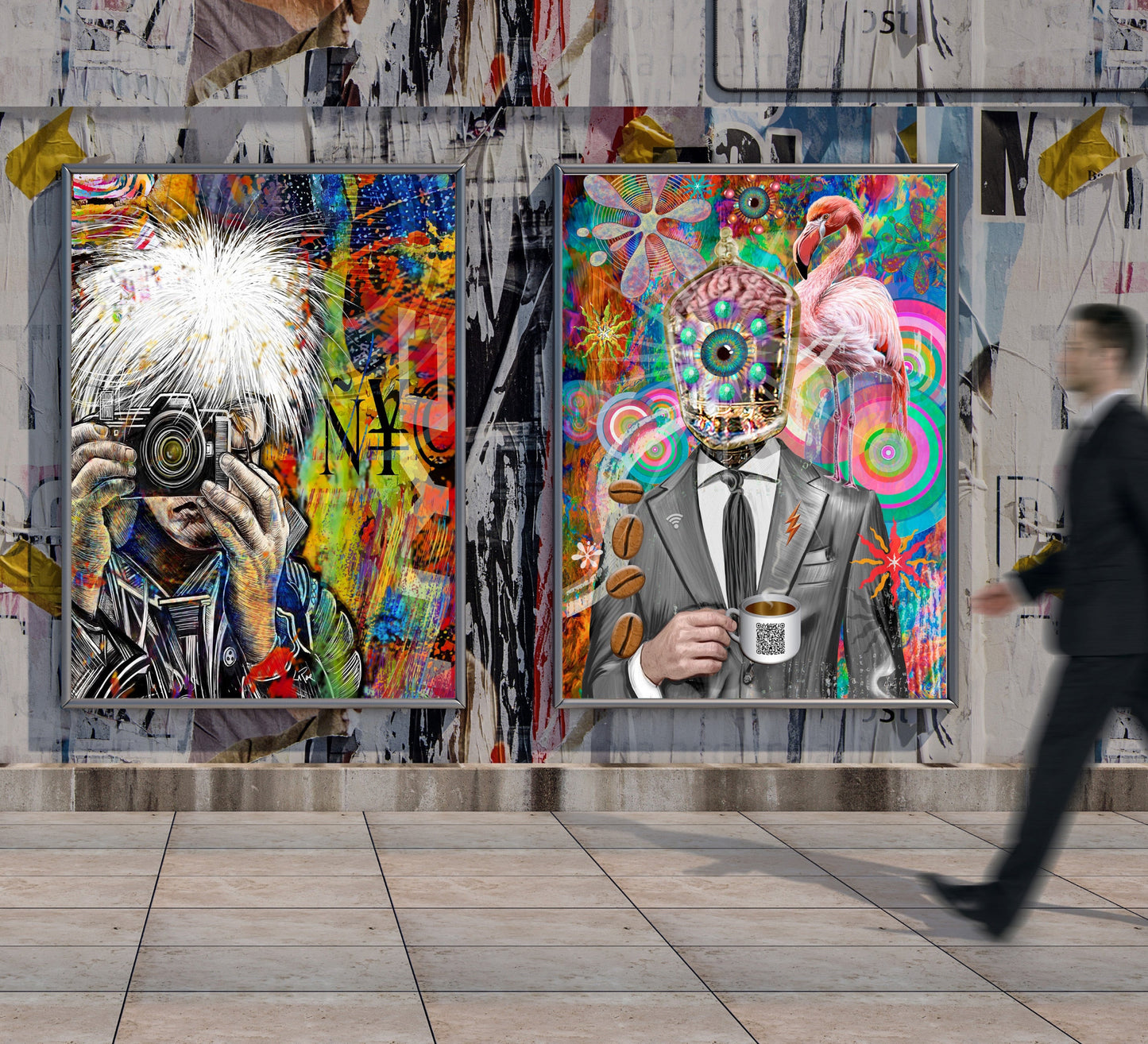 Colorful abstract art pieces on a wall with a person walking by. Company Man by Doug LaRue