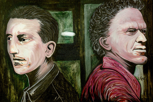 Two portraits of men with a dark, moody background Two stylized portraits of The Robert DeNiros.