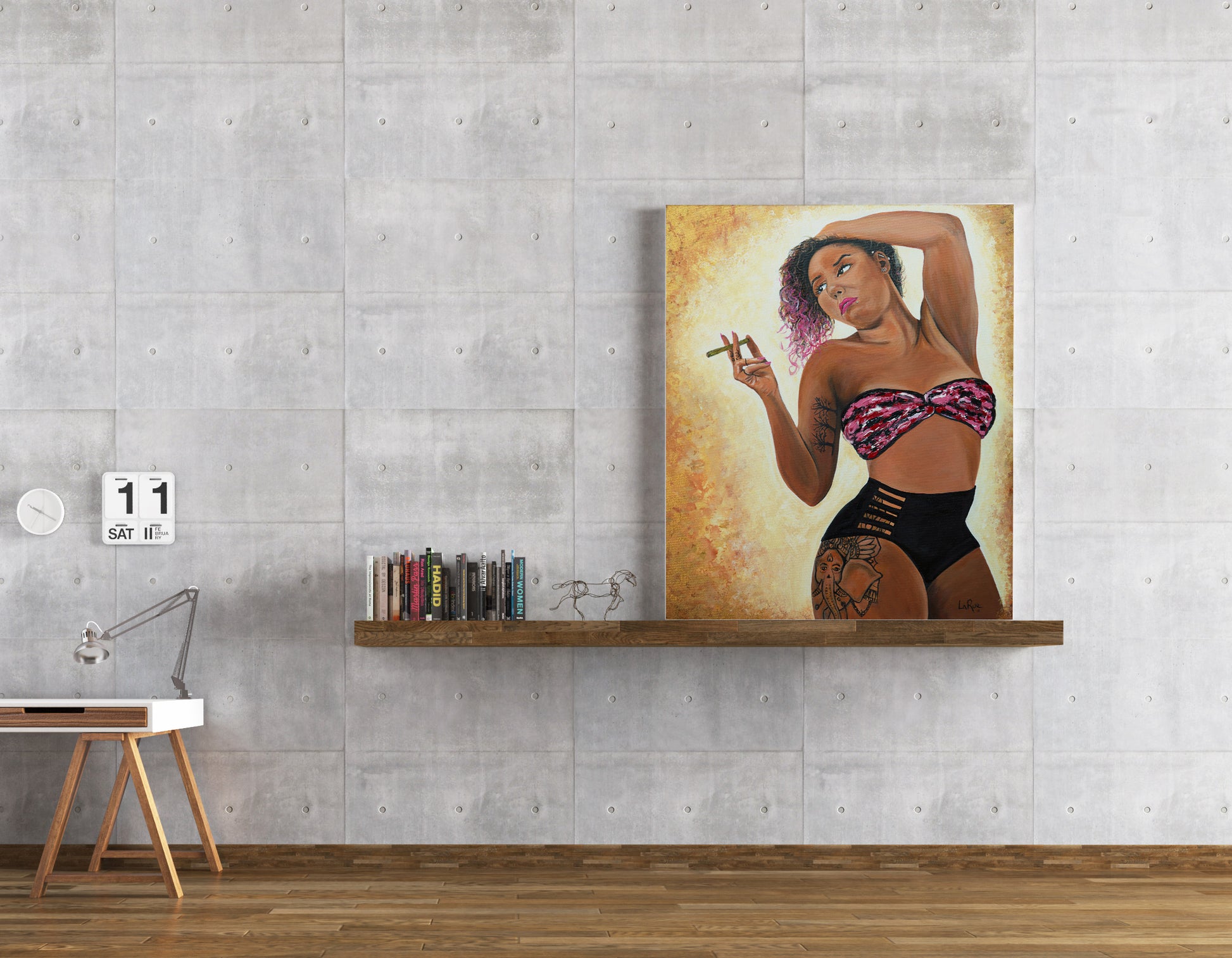 Artistic depiction of a woman smoking a cigarette on a wall in a modern interior setting. Derae's Accoutrements by Doug LaRue