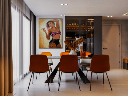 Modern dining area with orange chairs and a large painting on the wall. Derae's Accoutrements by Doug LaRue